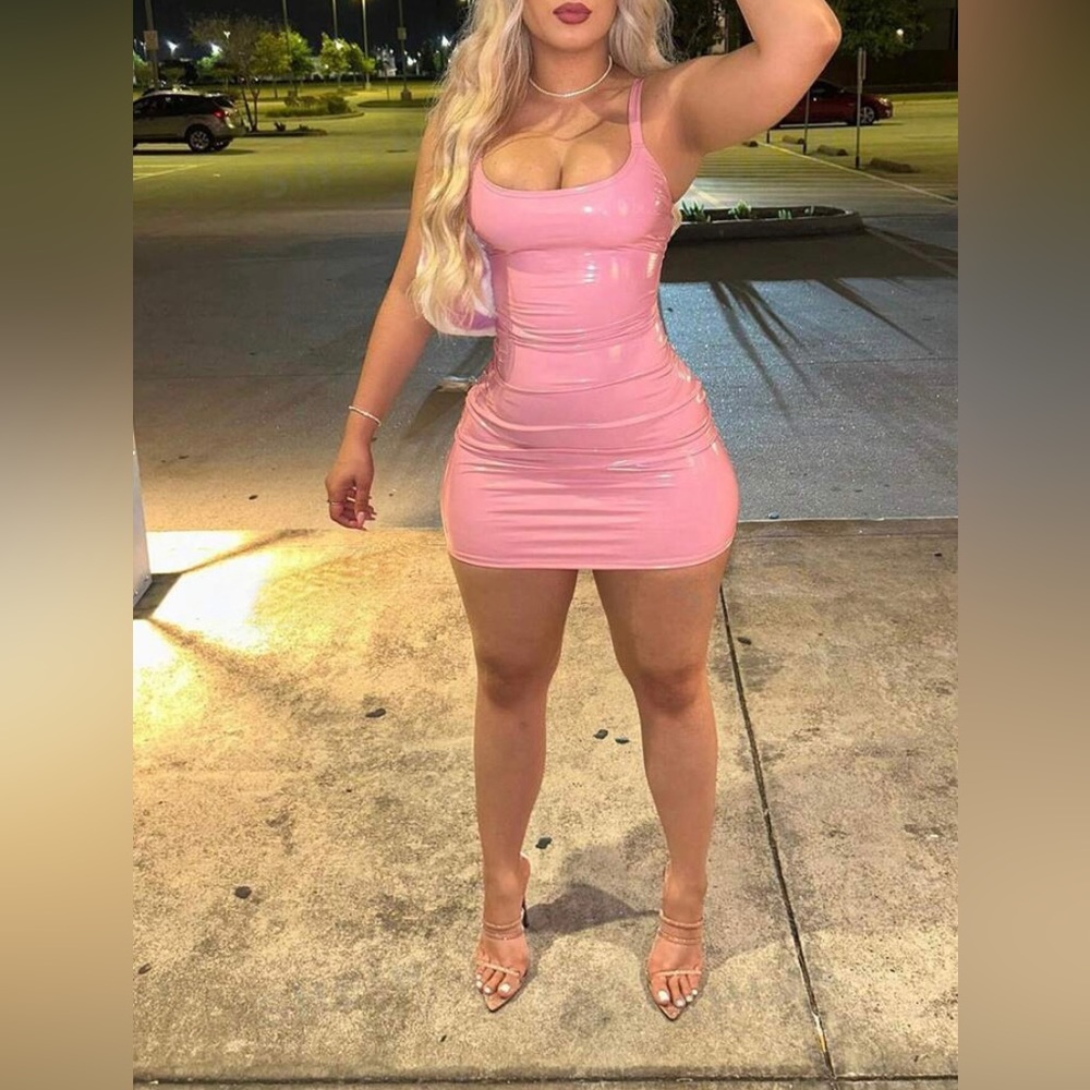 Solid PU Leather Bodycon Dress in Pink